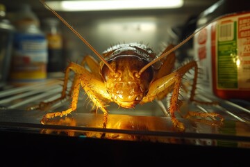Aufkleber - Large cricket illuminated inside a kitchen refrigerator showcasing its details and unique features
