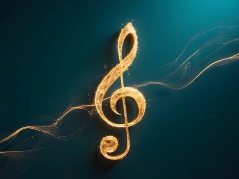 A gold treble clef on a black background.Single Music Note Design Element on Dark Background.Golden Music Notes and Treble Clef Floating Against Dark Background.