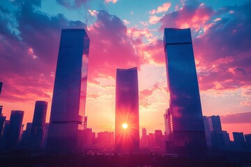 Poster - Skyline at sunset with towering skyscrapers against a vibrant cloud-filled sky