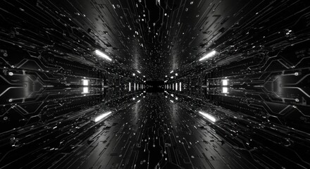 Poster - Futuristic Technological Corridor with Glowing Lights and Intricate Circuit Patterns