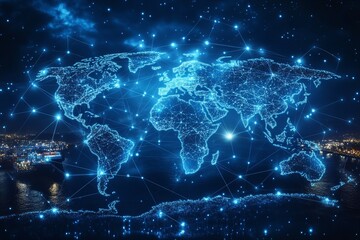 Poster - Global network connection, illuminated world map with glowing nodes and lines connecting continents, overlaid on a nighttime city port with cargo ships.