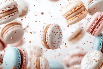 Poster - Colorful macarons floating in the air with sprinkles for a whimsical dessert display