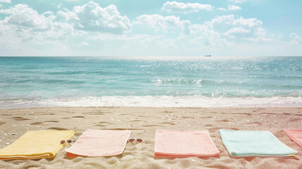 Wall Mural - serene beach scene featuring colorful towels on sand, with gentle waves lapping at shore and bright sky filled with fluffy clouds