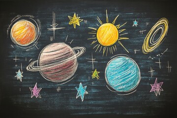 Aufkleber - Colorful chalk drawing of planets, stars, and the sun against a black background in a playful representation of the solar system