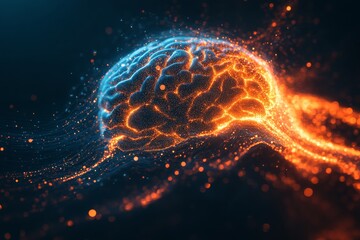 Poster - Vibrant depiction of a brain illuminated in blue and orange colors showcasing neural activity in a digital artistic representation