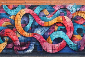 Poster - Colorful abstract mural with swirling patterns on a brick wall in an urban setting