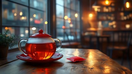 Wall Mural - A red tea cup with a red lid sits on a red plate on a wooden table