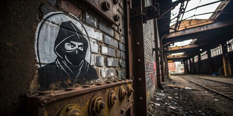 Wall Mural - Urban Exploration Photography: Mysterious Grunge Code Ninja Logo Concept