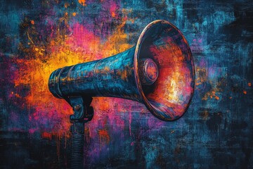 Poster - Vibrant megaphone against a colorful abstract background radiating energy and creativity