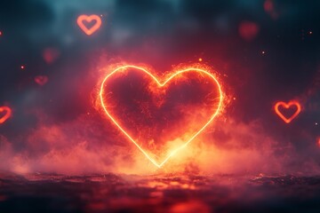 Poster - Heart shape illuminated by fiery sparks against a dark, smoky background with heart patterns floating