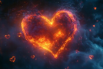 Poster - Heart shape formed by glowing lava in an ethereal cosmic background with smaller hearts floating around