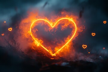 Poster - Heart-shaped flames illuminate a dark and smoky atmosphere in a captivating display of fire artistry