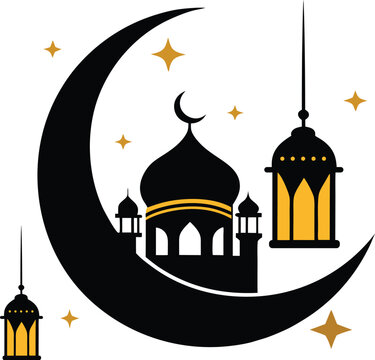 Stylized Islamic Design With Mosque, Crescent Moon, and Lanterns for Celebration 