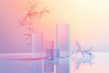 Poster - Modern glass vases with soft pastel hues and delicate foliage illuminated by gentle light