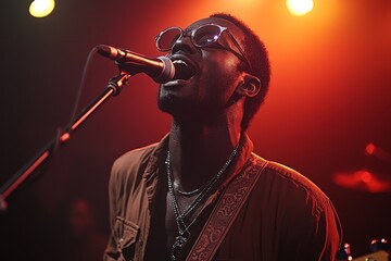 Poster - Performer captivates audience with powerful vocals at live music event under vibrant stage lights