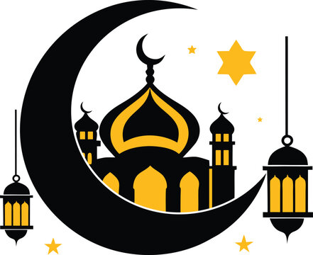 Stylized Islamic Design With Mosque, Crescent Moon, and Lanterns for Celebration 