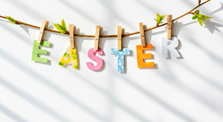 Wall Mural - Colorful Easter Letters on Branch with Spring Leaves and Sunlight Shadows