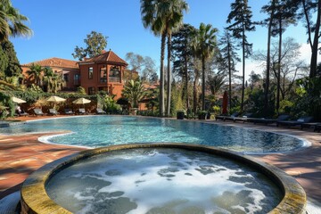 Poster - Beautiful resort pool area with palm trees and sun loungers in a tranquil setting