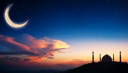 Wall Mural - Ramadan islamic night sunset with eastern moon, Hilal and Eid clear sky at night with some 