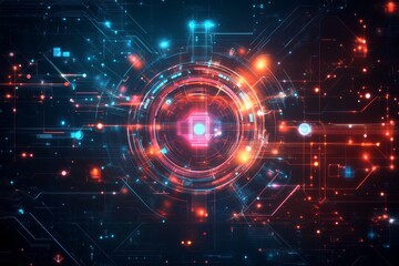 Poster - Abstract digital technology background with glowing circuit board and central core.