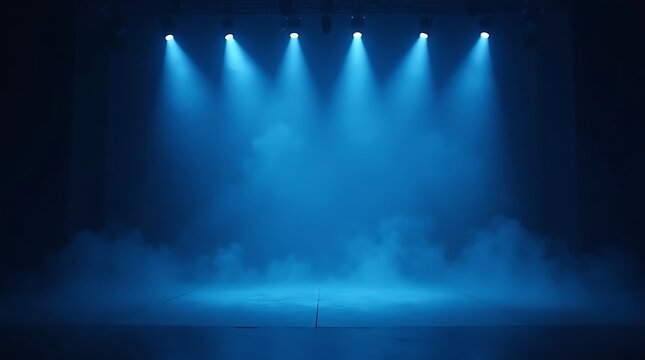 A wide shot of a dark stage with blue stage lights shining down from the right, creating a dramatic effect