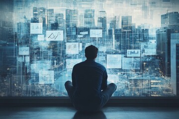Aufkleber - Man observes city skyline while analyzing data on a digital interface during evening hours