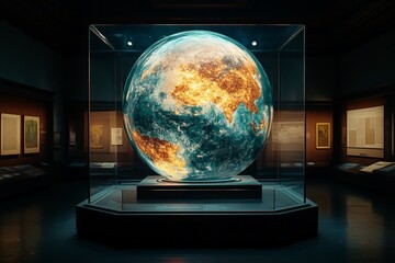Poster - Interactive globe display showcasing present-day global data in a modern exhibit hall