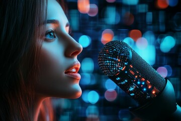 Poster - Young woman singing into a sparkling microphone with colorful lights in the background during a performance at an evening event