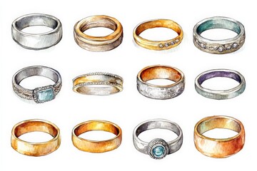 Aufkleber - Unique collection of handcrafted rings displayed on a white background with a variety of designs and materials