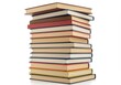 © PP Creative - A neatly stacked pile of hardcover books in various colors with visible spines and pages isolated on a white background