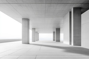 Aufkleber - Architectural marvel with concrete pillars and expansive open space near the water at sunrise