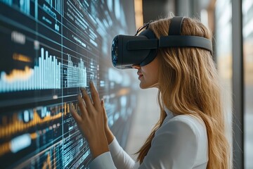 Aufkleber - Engaged user explores virtual reality data visualization in a modern tech environment