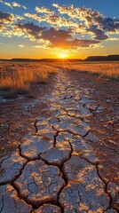 Poster - As the sun sets on the horizon, cracks in the dry soil tell a story of survival in an arid expanse. Golden light illuminates the landscape, enhancing the desolate beauty of nature
