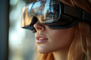 Poster - Innovative use of augmented reality technology by a woman with smart glasses in a modern urban setting
