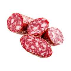 Wall Mural - Close-up of Saucisson Sec slices isolated on white transparent background. Concept of fresh deli meat and gourmet food.