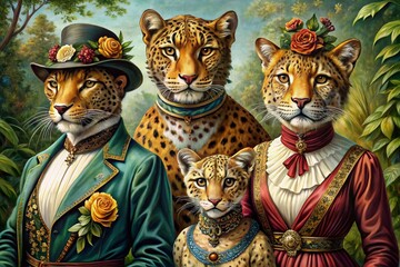 Naklejka na meble Victorian Leopard Fashion:  A Candid Photographic Illustration of Leopards in Elegant 19th-Century Attire