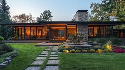 Poster - A contemporary stone house showcases large glass windows, filling the space with warm light. Surrounded by vibrant gardens, this architectural marvel stands out beautifully at dusk