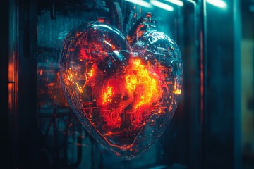 Leinwandbilder - futuristic heart made of glowing circuits displayed in a dimly lit technology exhibit