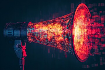 Aufkleber - Dynamic sound waves emanating from a vintage megaphone with a digital effect in a dark background setting