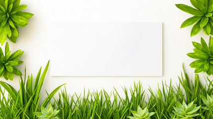 Poster - Blank card surrounded by lush green plants and grass, ideal for nature-themed design projects in bright light