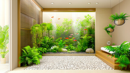 Fototapete - Indoor garden space with aquatic life and vibrant greenery in a modern setting designed for tranquility
