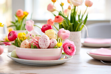 Poster - Colorful Easter table setting with decorative eggs and fresh flowers in a bright interior space