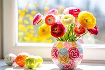 Aufkleber - Colorful flowers in a decorative vase by a window with painted eggs in a sunny setting