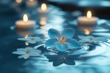 Poster - Serene atmosphere with candles and blue flowers floating on tranquil water in a calming setting