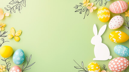 Poster - Colorful Easter eggs and decorations with a cheerful bunny silhouette on a green background