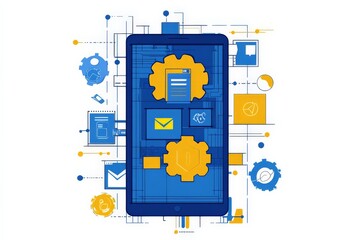 Poster - Digital communication and technology with a tablet showcasing various applications and gears representing functionality