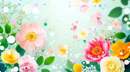 Poster - Bright and colorful floral arrangement with soft background featuring various blooming flowers and decorative elements