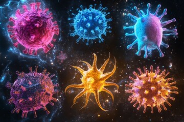 Poster - Colorful representations of various viruses floating in dark space with a cosmic background