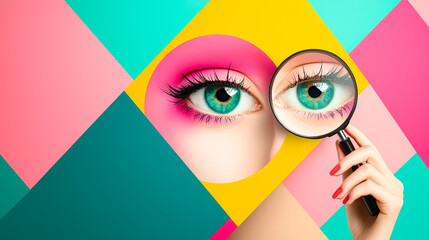 Poster - Unique artistic representation of a woman's eye with colorful geometric shapes and a magnifying glass