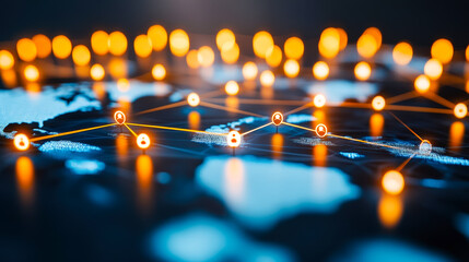 Poster - Digital connections illustrate the global network of information and technology in a vibrant display of light across a map